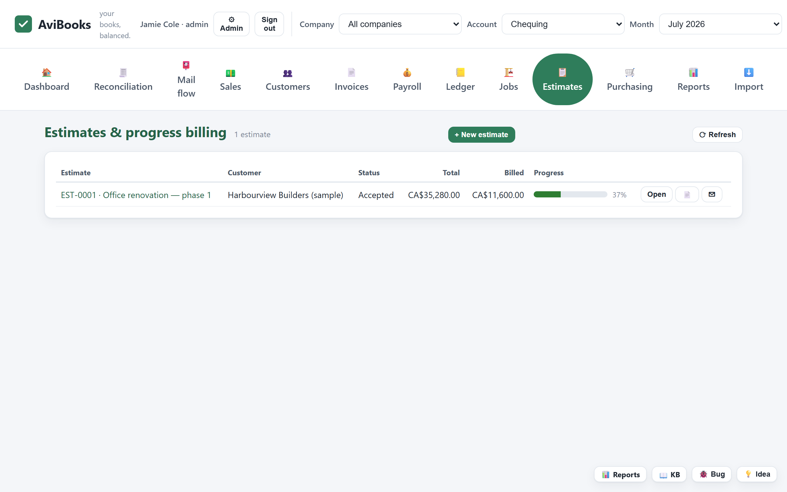 AviBooks estimate with progress billing and change orders