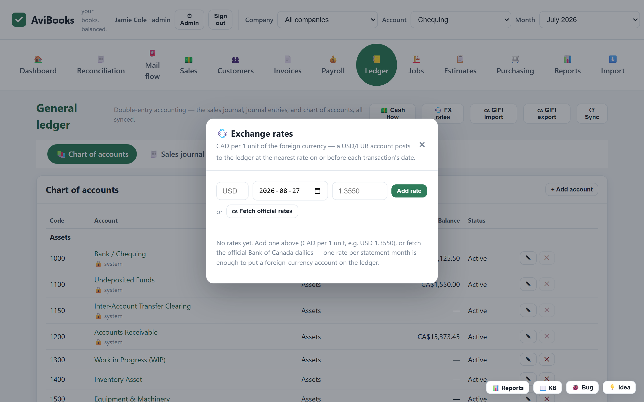 AviBooks foreign exchange rates and a USD invoice posted in CAD