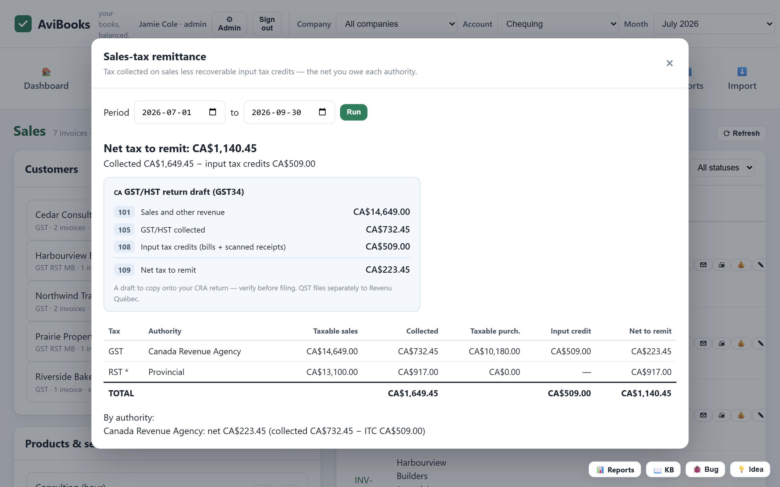 AviBooks GST/HST return draft computed from invoices, bills and receipts