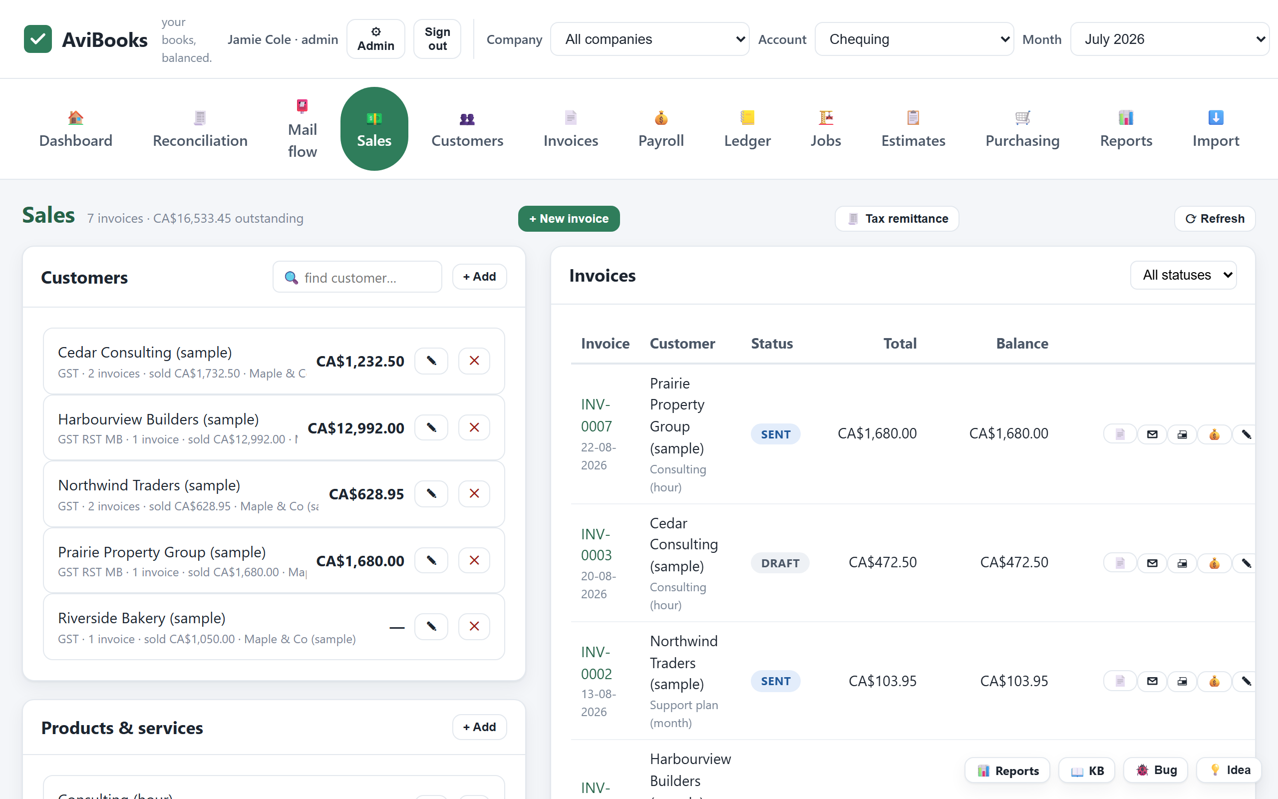 AviBooks invoices and receivables aging