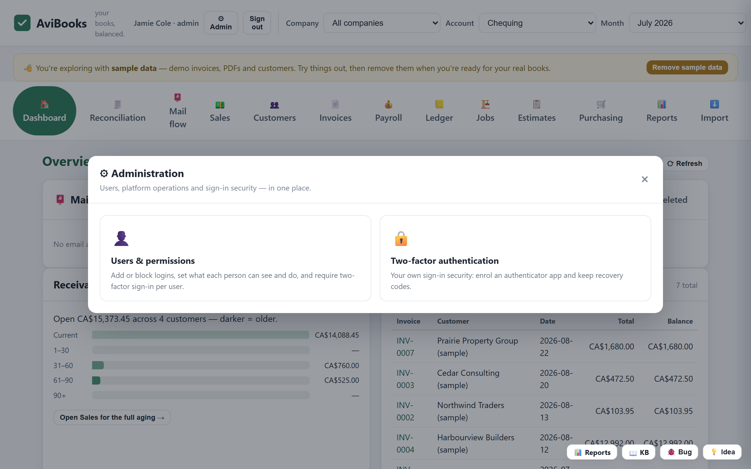 AviBooks security settings with two-factor authentication and roles